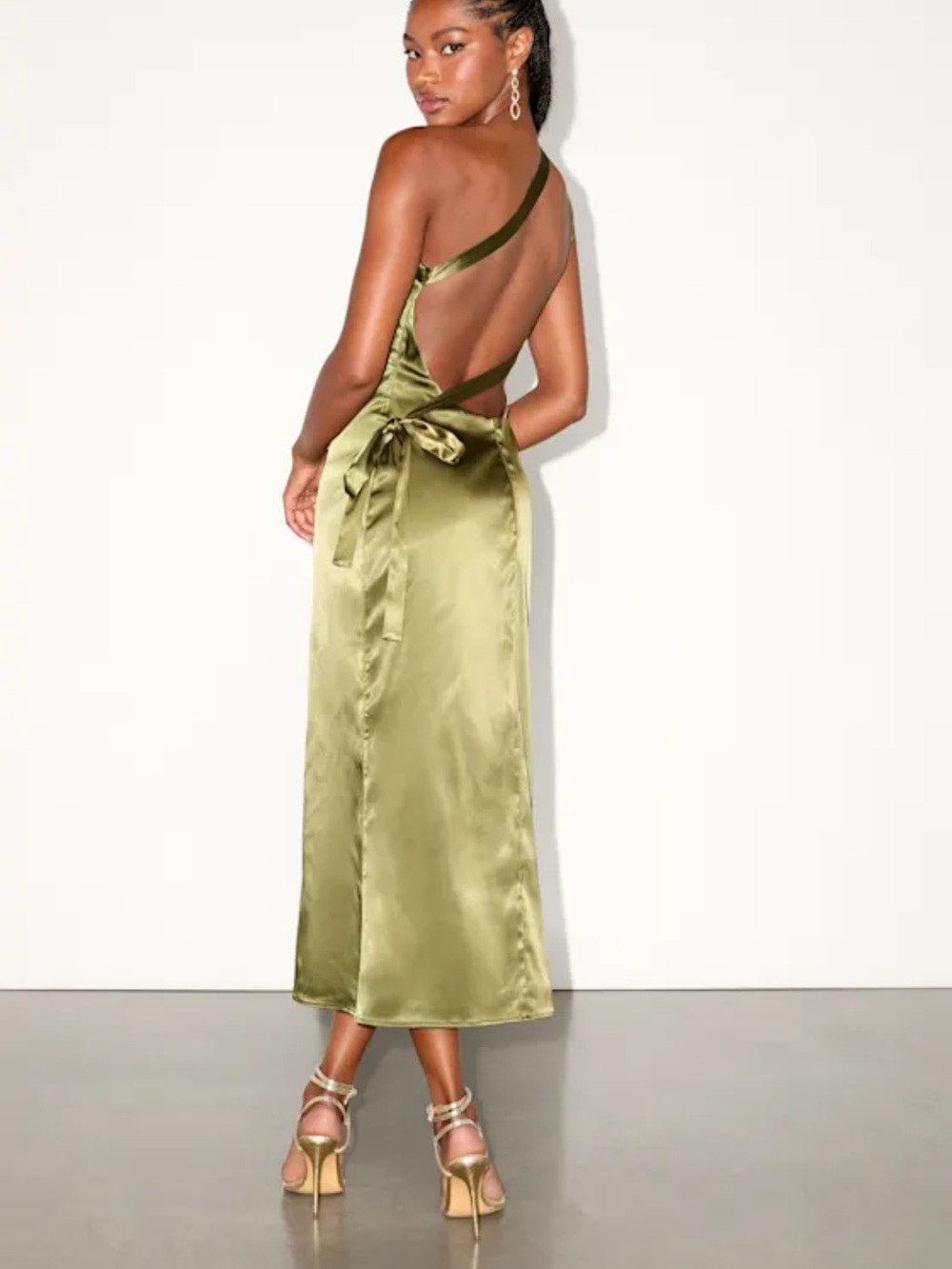 Lulus Yvonne Satin One-Shoulder Olive Green Midi Dress